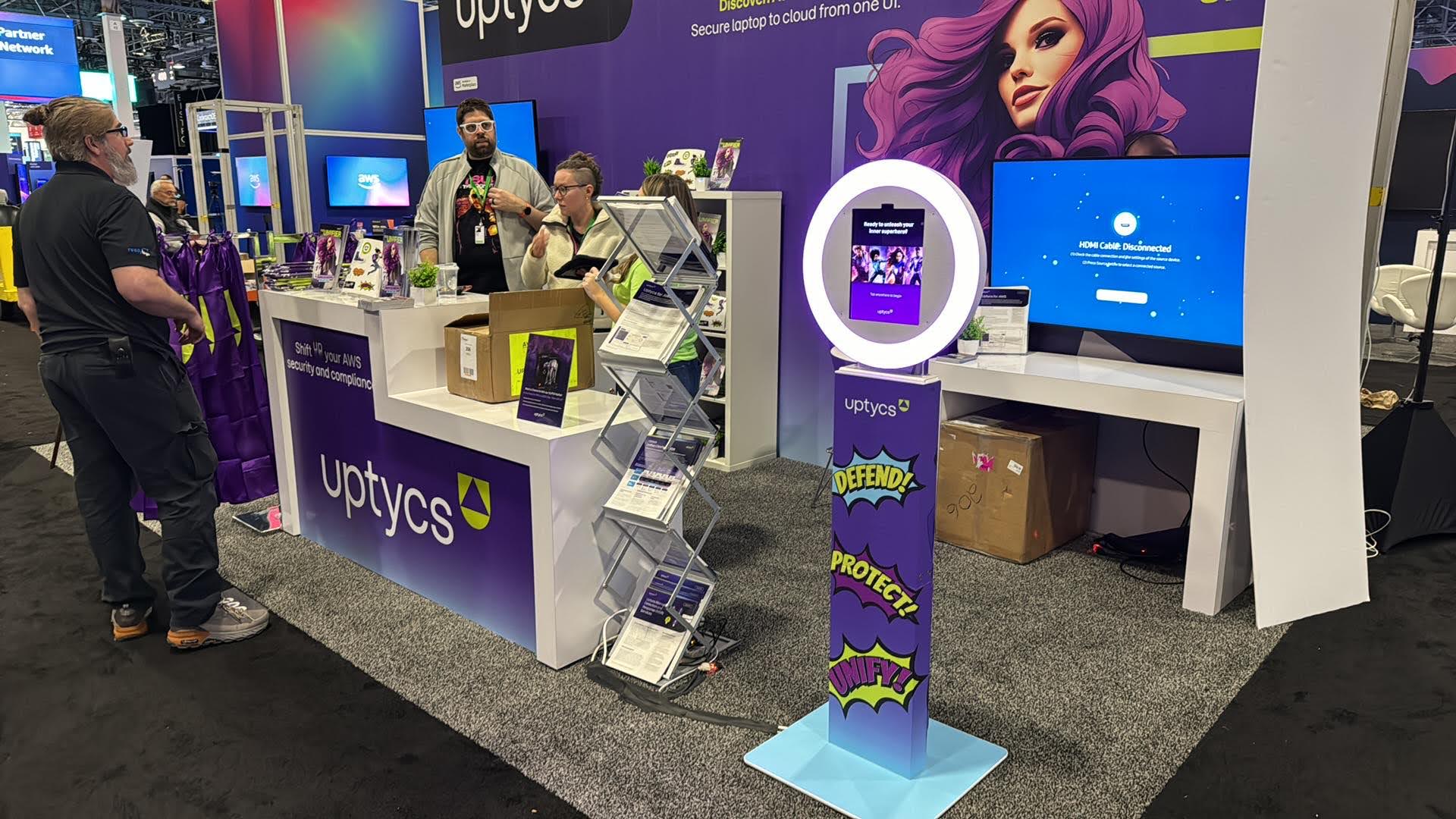 Attendees enjoying photo booth experience at trade show